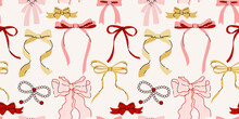Seamless Pattern With Various Cartoon Bow Knots, Gift Ribbons. Trendy Hair Braiding Accessory. Hand Drawn Vector Illustration. Valentine's Day Background.