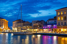 Boat And Waterfront Restaurants In The Evening, Harbor, Porec, Croatia