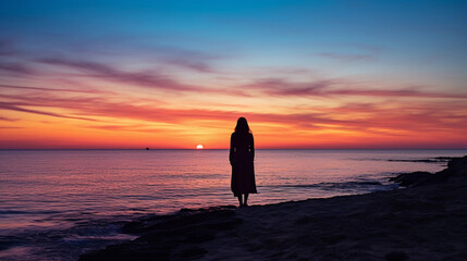 Wall Mural - Silhouetted faceless portrait at sunset, outline of a figure against a vivid sky, tranquil sea horizon
