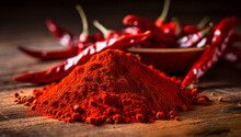 Red Chili Powder On A Wooden Table, With Fresh Chilli Surrounding The Scene.