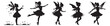 Little fairies, girls with wings, black and white decorative vector graphics, black outlines of silhouettes