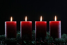 Natural Advent Wreath Or Crown With Four Burning Red Candles, Christmas Composition, France