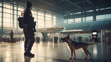 Security Officer With Police Dog At Airport. Police Dog. Sniffer Dog. Generative AI