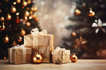 Wall Mural - Merry Christmas and Happy New Year background with copy space. Xmas gifts box and Christmas balls, festive bokeh. Design for poster, holiday banner, flyer or greeting card.