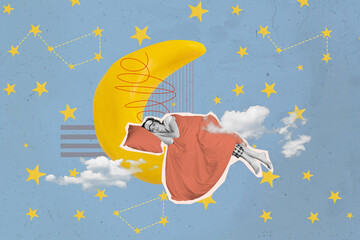 Wall Mural - 3d collage illustration artwork of young happy smiling girl fall asleep moon wrapped in comfy warm blanket isolated on stars sky background