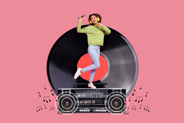 Wall Mural - Creative collage of mini excited girl listen music earphones big boombox hold microphone vinyl record melody notes isolated on pink background