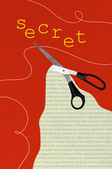 Poster - Collage image sketch of sharp scissors cutting out text article interesting secret isolated on drawing background