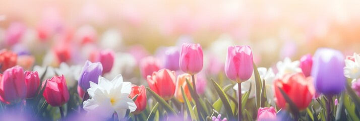 Wall Mural - banner of Abstract Defocused Spring Background - Tulips And Hyacinth Flowers In Sunny Field. Generative AI