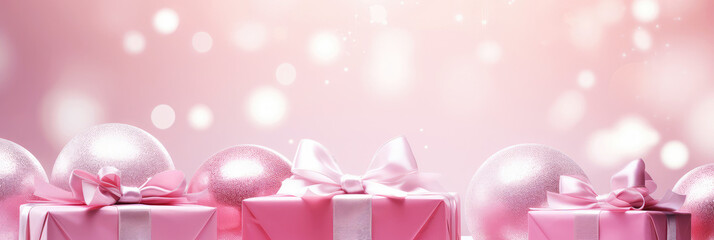 Wall Mural - Pink Christmas background with festive gift boxes and Christmas balls. Holiday pink Christmas and New Year backdrop with copy space.