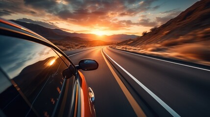 Wall Mural - Modern car driving fast on mountain view road at sunset