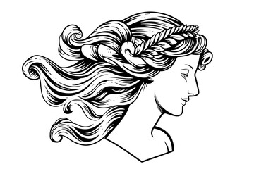 Aphrodite head hand drawn ink sketch. Engraved style vector illustration.