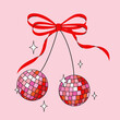 Disco mirror ball cherry with bow in cartoon style. Cute trendy design. Vector funky illustration. Ballet-core, coquette-core background.  