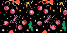 Seamless Pattern With Disco Mirror Ball Cherry With Bow In Cartoon Style. Cute Trendy Design. Vector Funky Illustration. Ballet-core, Coquette-core Background.  