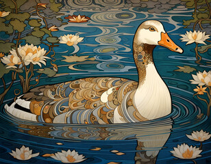 Decorative art nouveau illustration of an greylag goose in an ornate decorative water setting