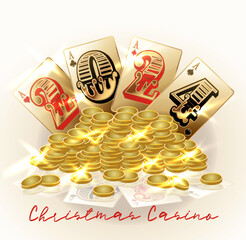 Wall Mural - Christmas casino New 2024 Year banner with golden coins and poker cards, vector illustration