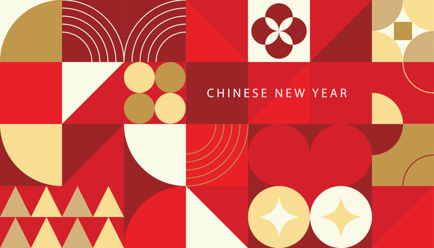 Happy Chinese New Year luxury style pattern background vector. Golden coins, oriental flower, sparkle in red geometric shapes wallpaper. Oriental design for backdrop, card, poster, advertising.