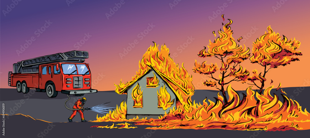 Vector drawing. Firefighter puts out the fire Stock Vector | Adobe Stock