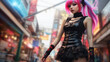 A girl with bright vibrant harajuku hair in a black stockings and black brassiere in the style of full body pose photo-realistic techniques, uhd image, tenwave, high resolution, ironical 
