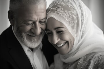 Poster - Old muslim couple smiling, hugging, romantic joyful and happy moment. Generative AI