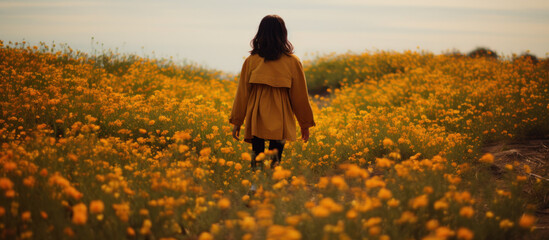 Wall Mural - rear view of woman walking in flower field