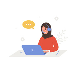 Wall Mural - customer support concept. call center or hotline. arabian woman with headphones and microphone with 