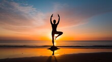 A Yogi In The Half Moon Pose On A Beach During Sunrise, Capturing Balance And Flexibility