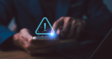 Caution warning sign indicates a potential error danger in the digital technology system. Symbol exclamation, system failure or trouble. Notice important website maintenance and available on internet