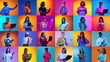 © master1305 - Collage. Different young people, men and women using various gadgets over multicolored background in neon light. Concept of human emotions, diversity, lifestyle, facial expression