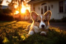 Dog Resting On The Green Lawn In Front Of The House In The Sunset Rays