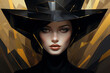 Portrait of a girl in a hat in black and gold tones in the postmodern style.