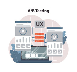 Wall Mural - AB Testing UX concept. Dueling browser designs showcase variance in user experience strategy. Compare, analyze, and refine for optimal performance. Flat vector illustration