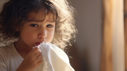 Wall Mural - A little girl holding a napkin in her mouth