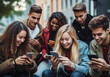 © VISIONARTIST - Group of young people using smart mobile phone outdoors - Happy friends with smartphone laughing together watching funny video on social media platform - Tech and modern life style concept.