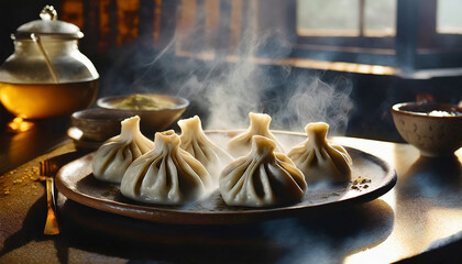 Wall Mural - Delicious Georgian khinkali: a traditional hot dish in a dim restaurant