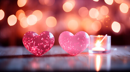 Wall Mural - candles with heart and blurred bokeh lights background. valentine 's day