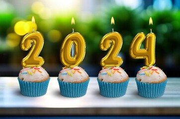 Wall Mural - Cupcakes with 2024 number candles for  New Year