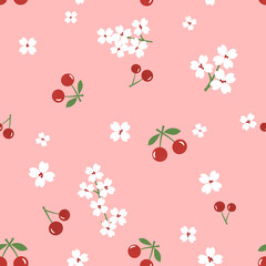 Sticker - Seamless pattern of red cherry fruit with green leaf and cute flower on pink background vector.