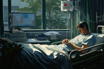 Wall Mural - Patient with life saving equipment for treatment in ICU at the hospital, emergency health care hospital ward Ai generated