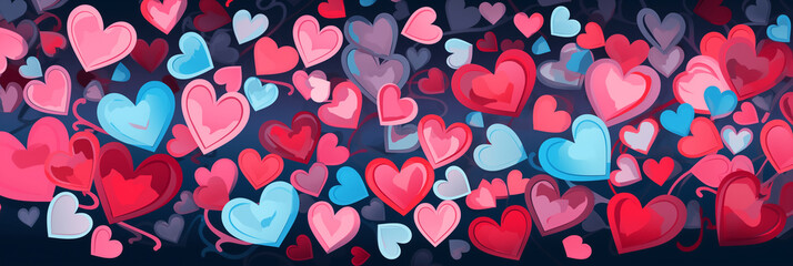 Wall Mural - Blue and red hearts pattern background banner. Valentine's Day. Panoramic web header with copy space. Wide screen wallpaper