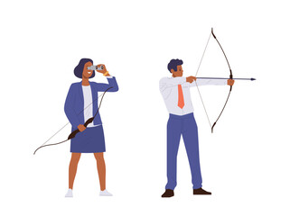 Wall Mural - Businessman and businesswoman cartoon character holding bow and arrow isolated set on white