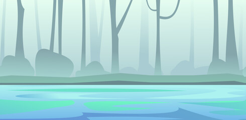 Wall Mural - river in fog. view of trees. scenery landscape. fun cartoon style. vector