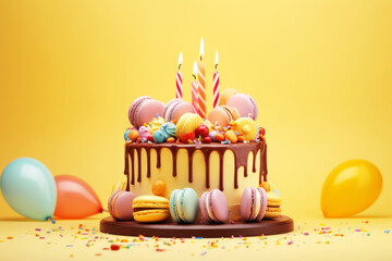 Wall Mural - Birthday colorful cake decorated with sweets on yellow background. Candles, macaroons, ballloons