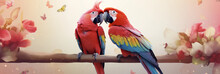 Banner Of Valentine Macaw Parrots In Love Perched On Flowered Branch.