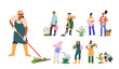 © Iryna Petrenko - Happy people cartoon characters enjoying gardening and planting agriculture work isolated set