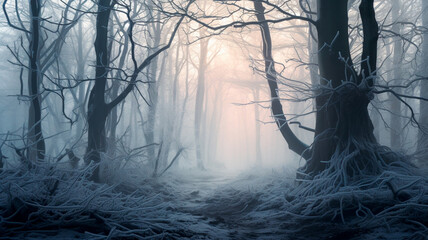 Wall Mural - dark foggy forest with bare trees