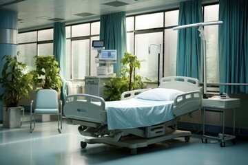 Wall Mural - Modern Hospital room with a bed, Comfortable medical Interior of an empty hospital bed and Recovery Room with bed Ai generated