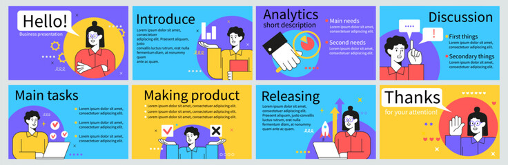Poster - Presentation slide template. Advertising report. Business marketing background or data infographic. Bright brochure cover. UI design. Discussion and project tasks. Vector banners set