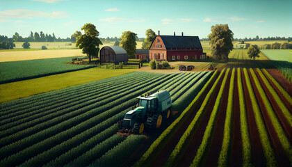 Wall Mural - Sprawling agricultural farm with fields of crops, tractors, and machinery involved in food production natural background, Ai generated image