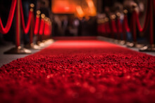 Red Carpet. Red Carpet And Velvet Ropes On Gala Night And For Oscars.