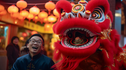 Wall Mural - 16:9 or 9:16 lion dance playing Among the fireworks on Chinese New Year